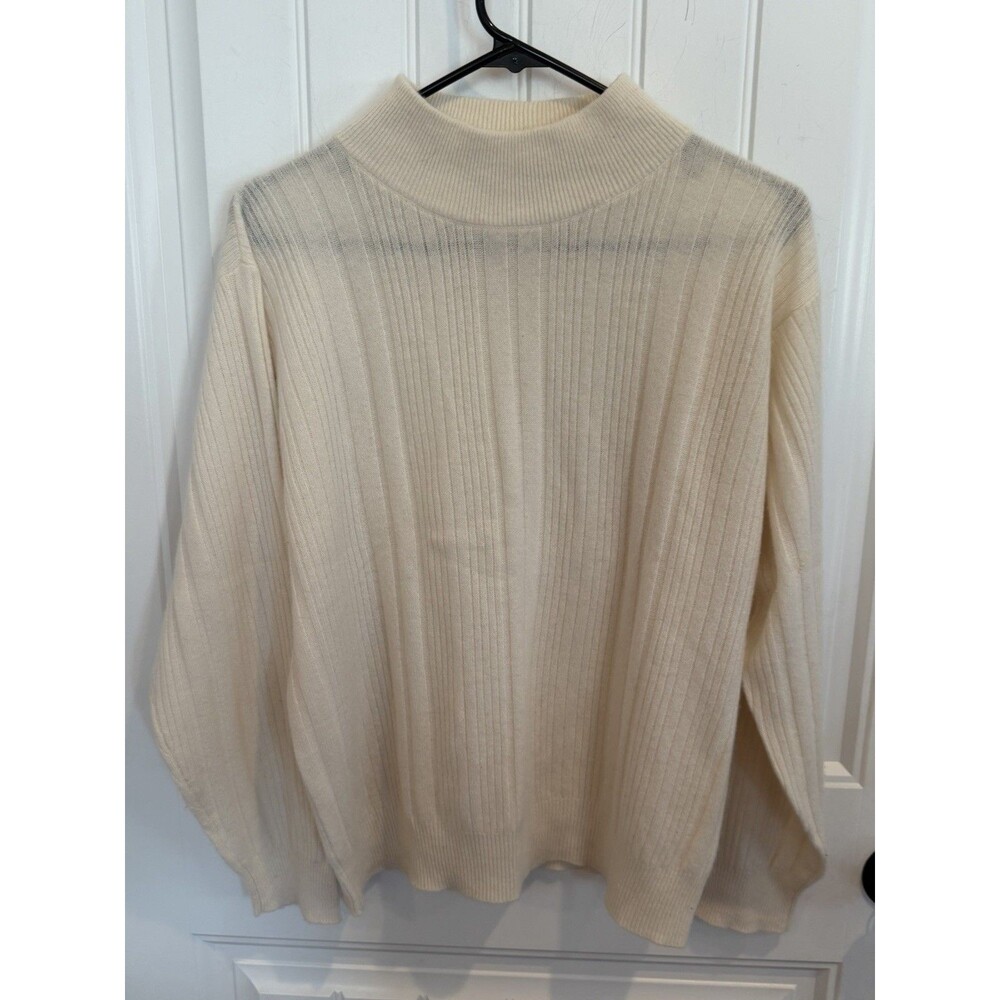 Precious Fibers Ivory Mock Neck Ribbon Knit Sweater Women’s Large 100% Cashmere